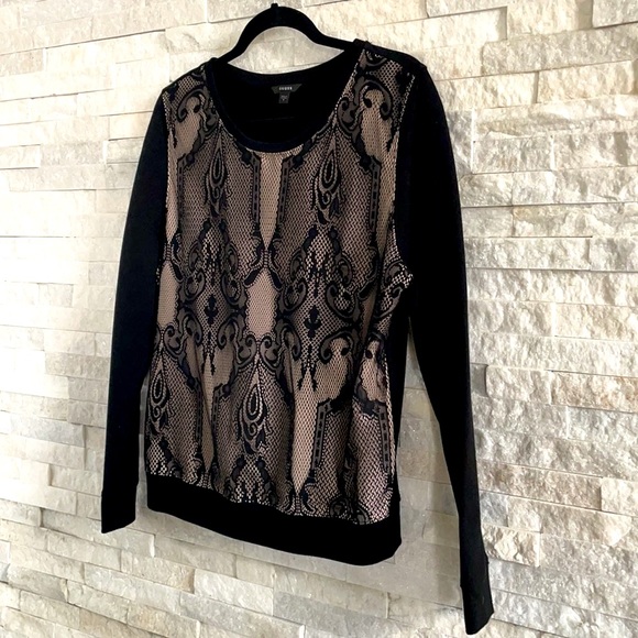 GUESS Black Lace Front with Nude Liner Crew Neck Pullover Sweater - Picture 2 of 6